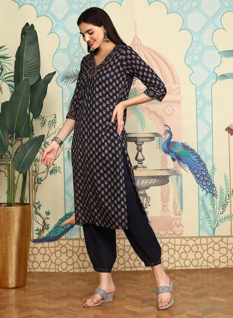 ISHIN  Women's Indigo 100% Cotton Embellished Tunic Full Length Casual Straight Fit Kurta Set for Women | Best Price UAE